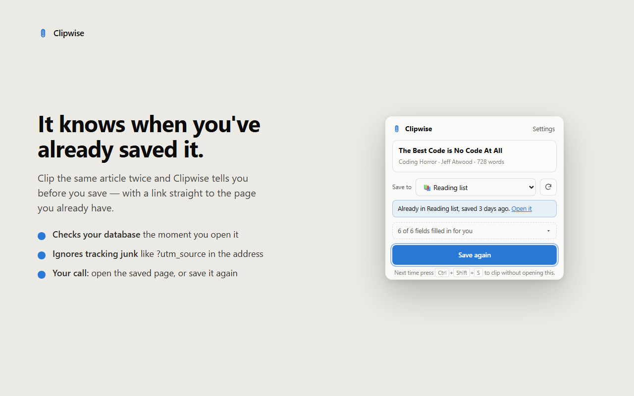 Clipwise showing that the page is already saved, with a link to the existing Notion page
