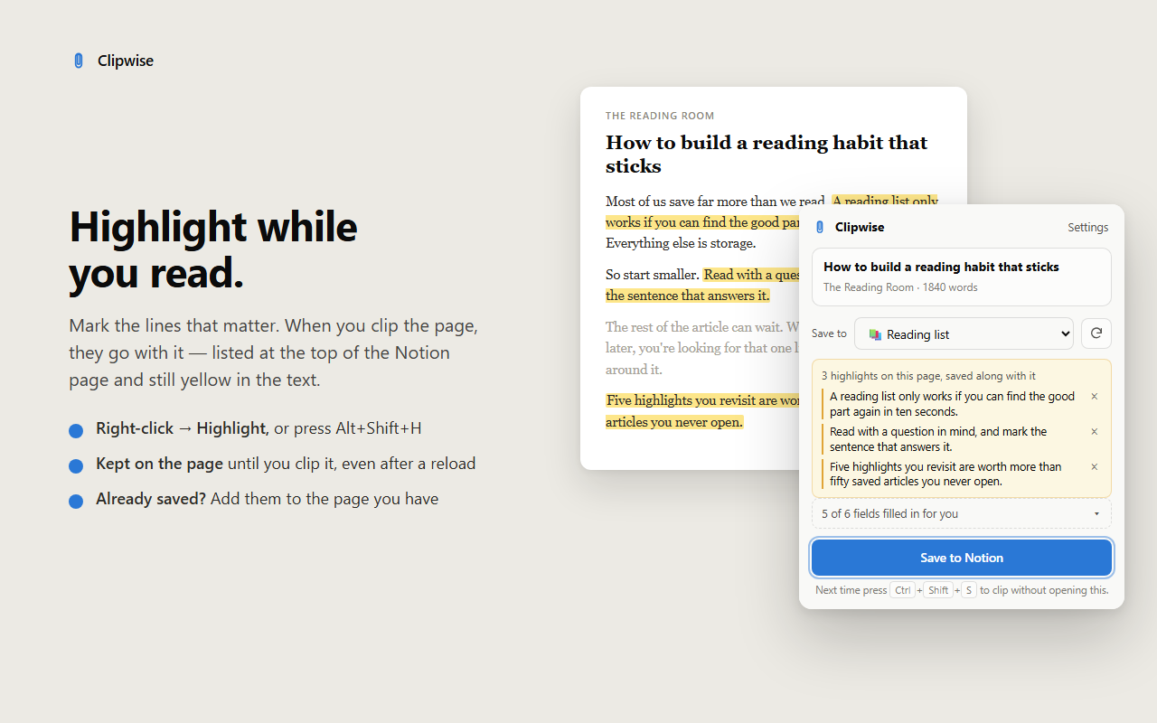 The Clipwise popup listing three highlights from an article, next to the saved Notion page with the highlights at the top
