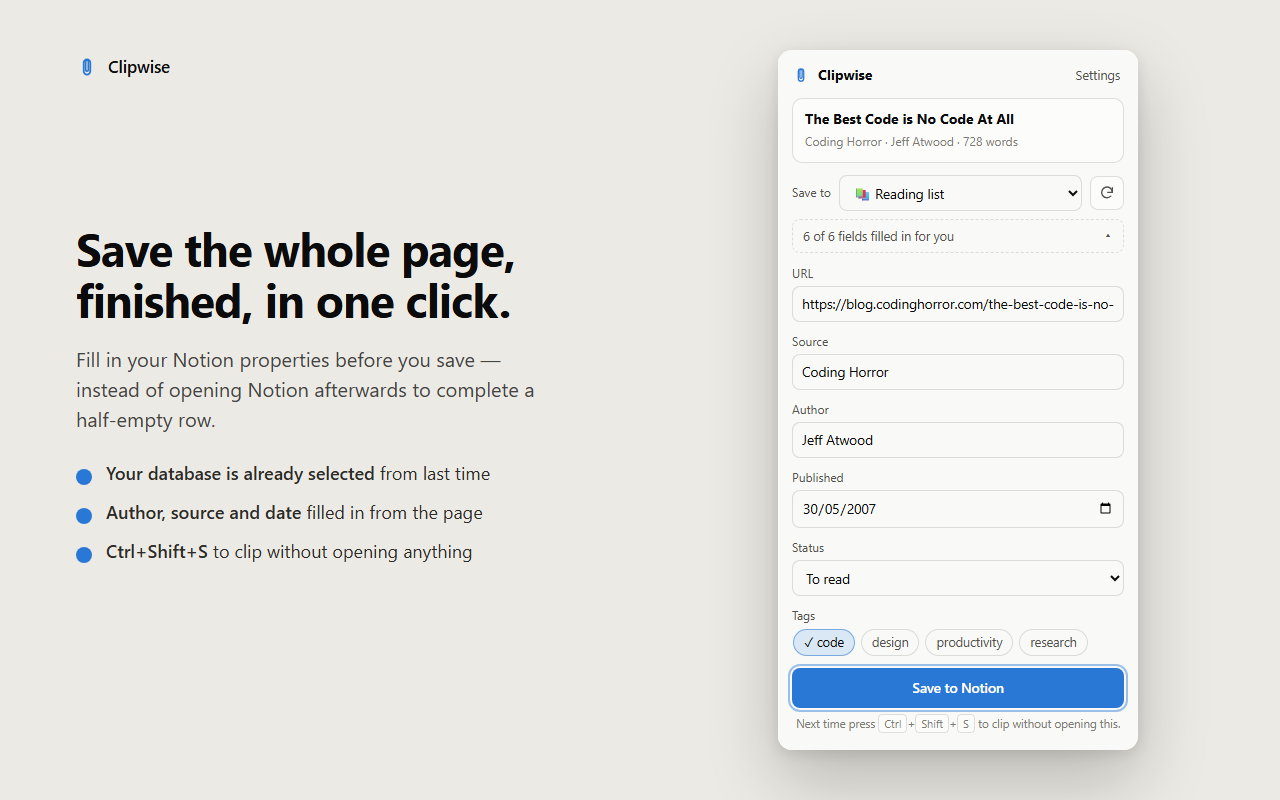 The Clipwise popup with a database selected and its properties filled in